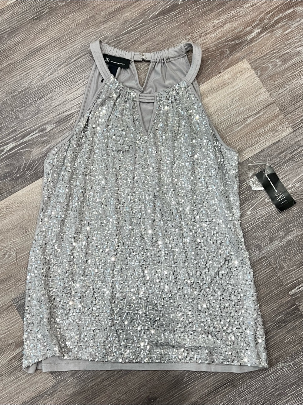 INC International Concepts Silver Sequin Halter Top - Picture 1 of 4